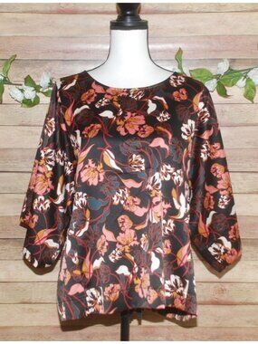 Andrew Marc New York Floral Blouse Top Size M Kimono Half Sleeve Silky Career